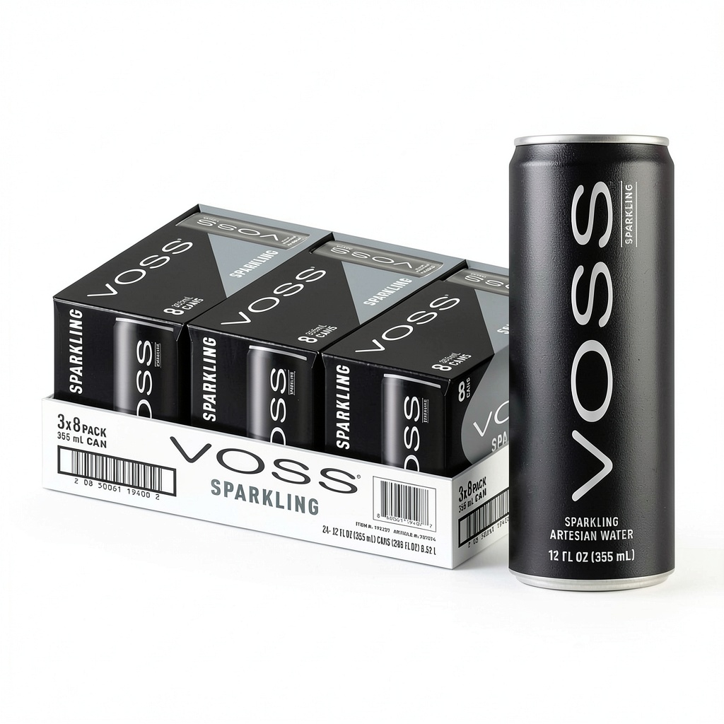 VOSS Sparkling Water slim cans displayed on a kitchen counter