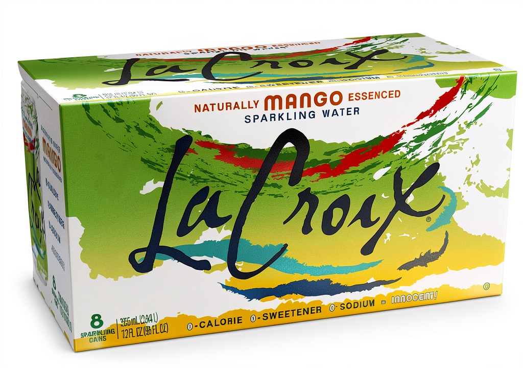 LaCroix Sparkling Water Mango cans displayed on a kitchen counter