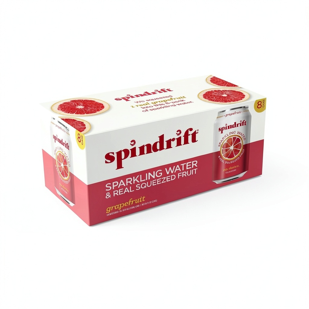 'Spindrift Grapefruit Sparkling Water cans displayed on a kitchen counter'