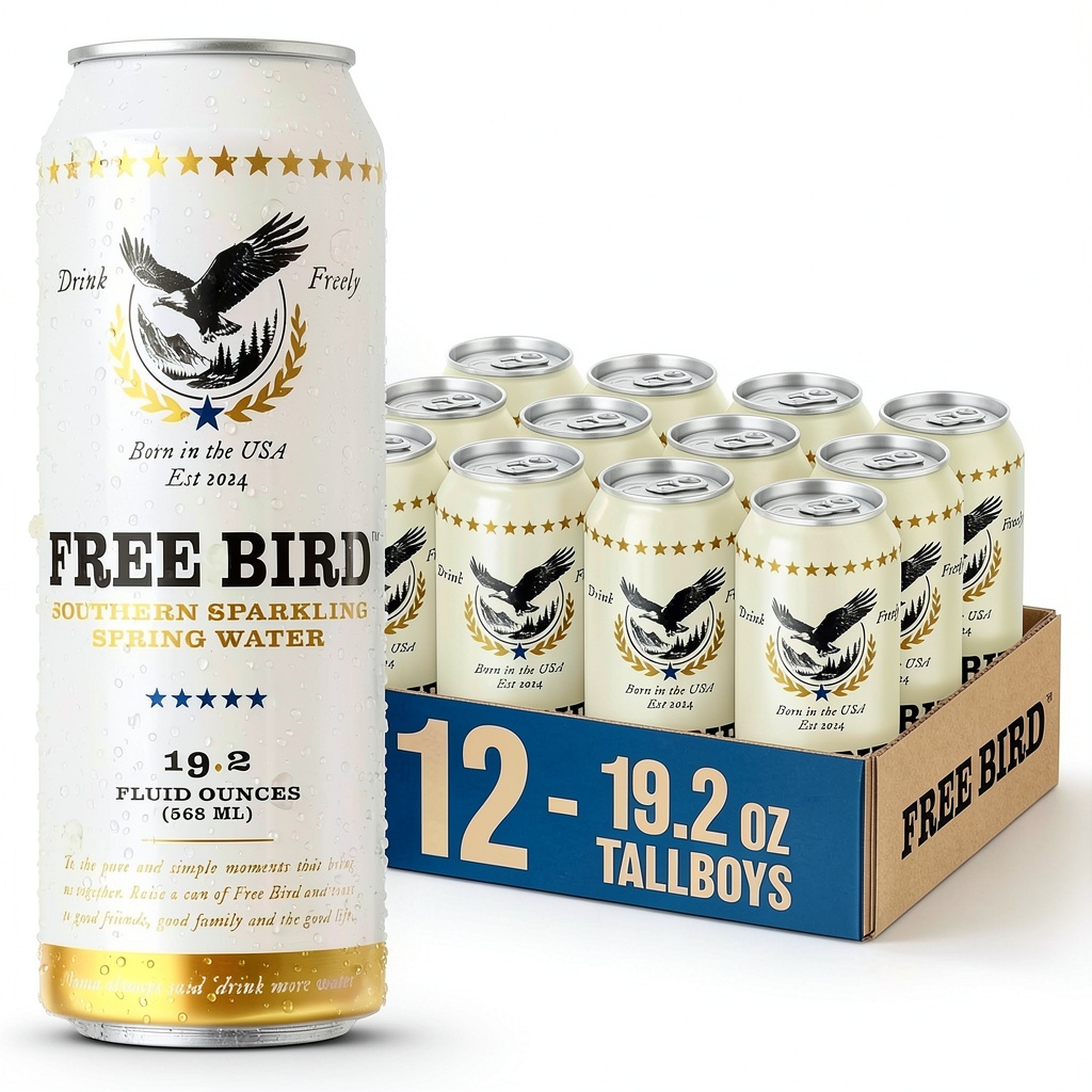 Free Bird Sparkling Water tallboy cans displayed on a picnic table
