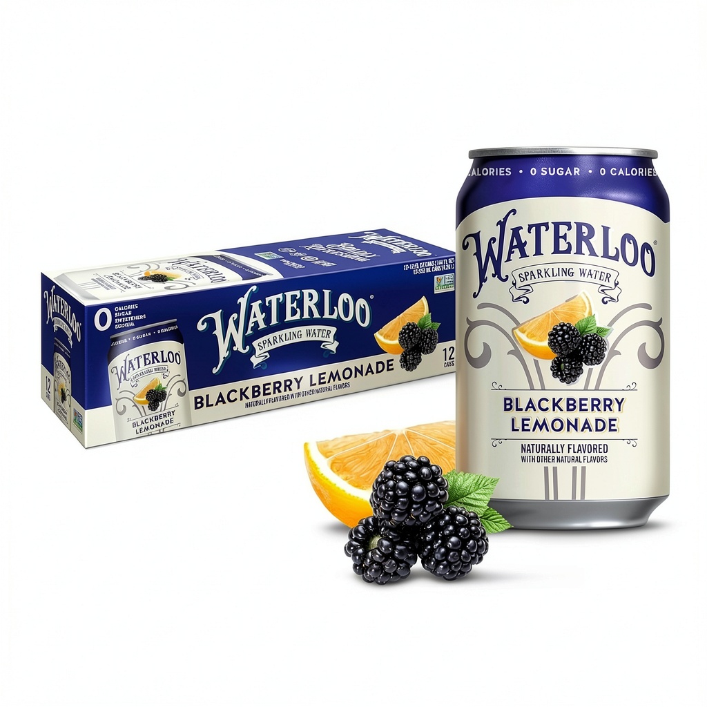 'Waterloo Sparkling Water Blackberry Lemonade cans displayed on a table'